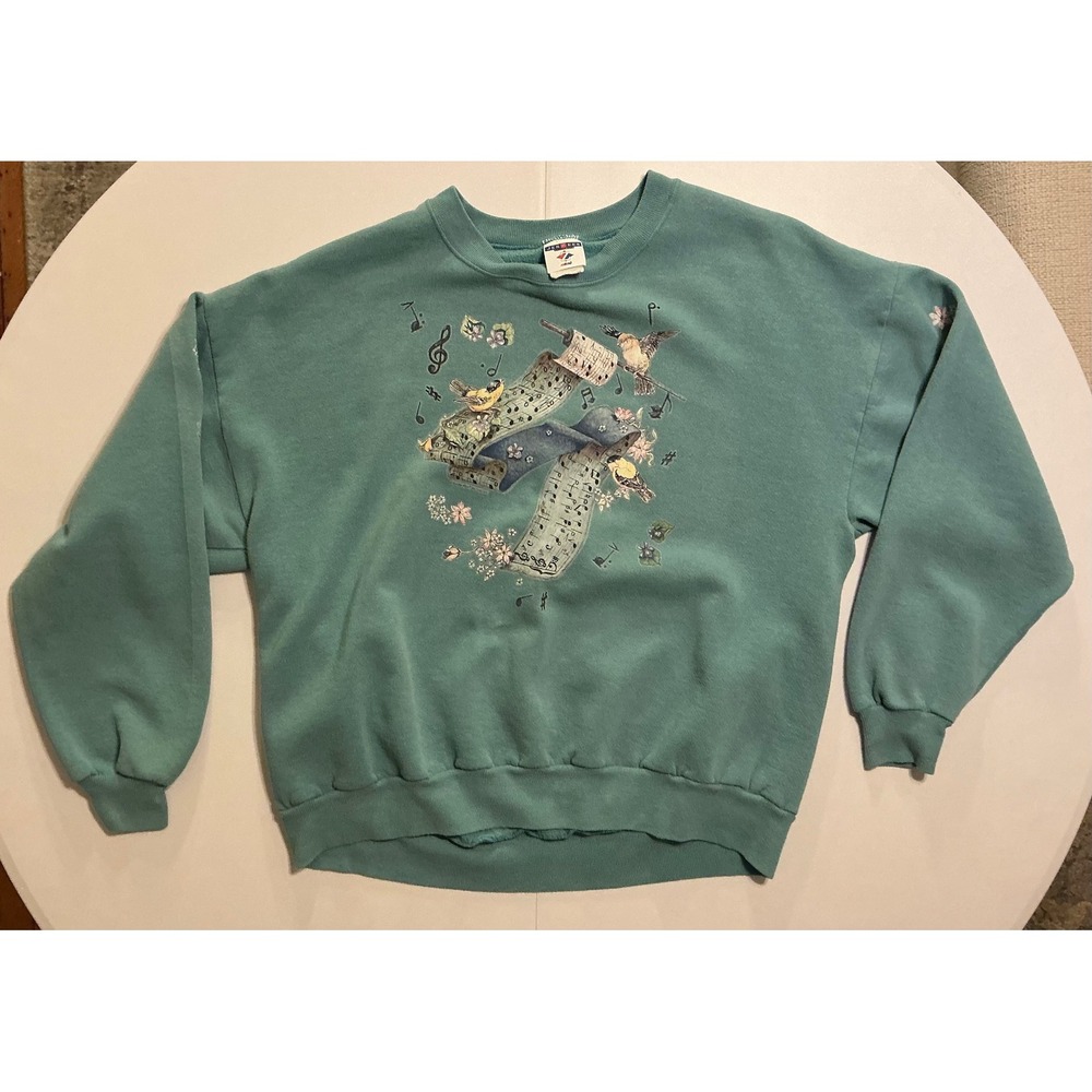 VTG Y2K 90s Bird Music‎ Notes Granny Sweatshirt Crewneck 2XL Teacher Sleeve Hits